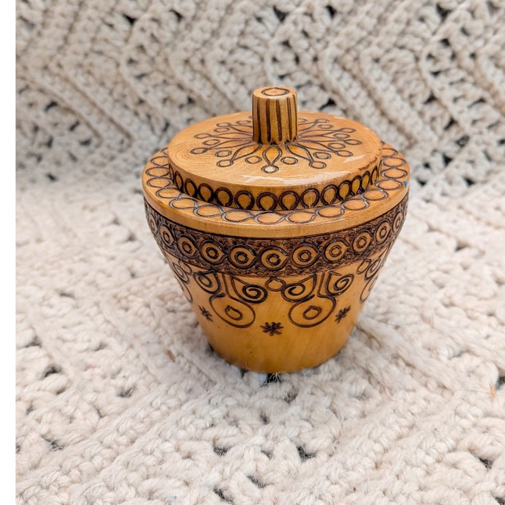 Vintage Romanian Hand Painted Pyrography Wood Trinket Box Small Lidded Jar